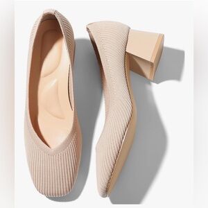 Knit Nude Pumps Low Block Heels Shoes